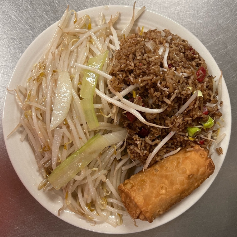 Sister’s-Chinese-Restaurant-Beef-Fried-Rice-and-Sprouts-Warwick Beef fried rice, bean sprouts, egg roll at Sister's Chinese Restaurant, a Chinese Restaurant in Warwick