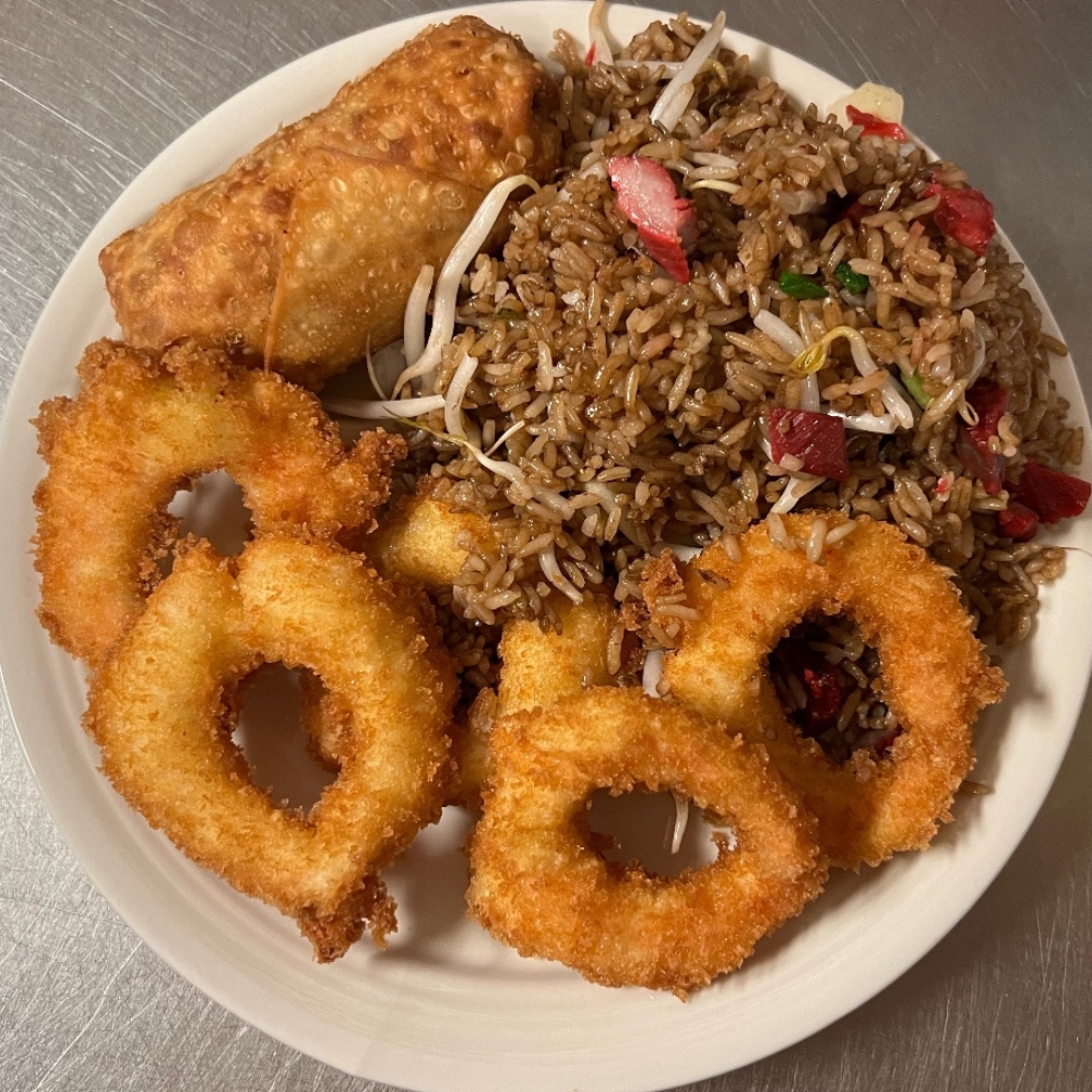 Sister's-Chinese-Restaurant-Calamari-Rings-and-Fried-Rice-Warwick Crispy calamari rings, fried rice, egg roll at Sister's Chinese Restaurant, a Chinese Restaurant in Warwick