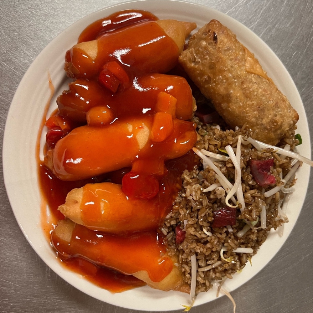 Sister’s-Chinese-Restaurant-Sweet-and-Sour-Chicken-Warwick Sweet and sour chicken, fried rice, egg roll at Sister's Chinese Restaurant, a Chinese Restaurant in Warwick